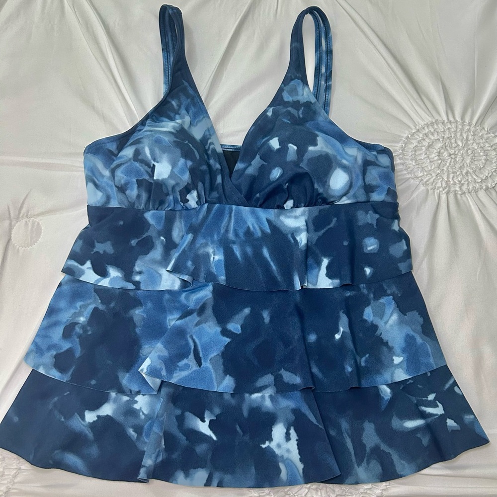 Magicsuit Blue Tiered Ruffle Slimming Tankini Top w/ Built In Cups Size 12
